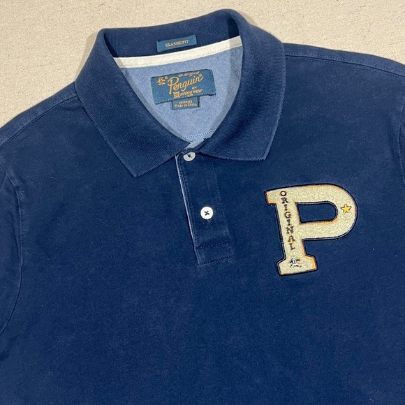 Original Penguin Mens Medium Polo Shirt Classic Fit Blue Chenille Patch Logo - Picture 1 of 8